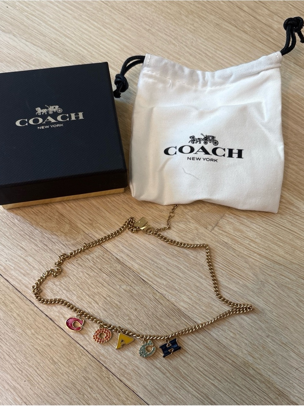 Coach Gold-Tone Letter Charm Necklace with Multicolor Enamel